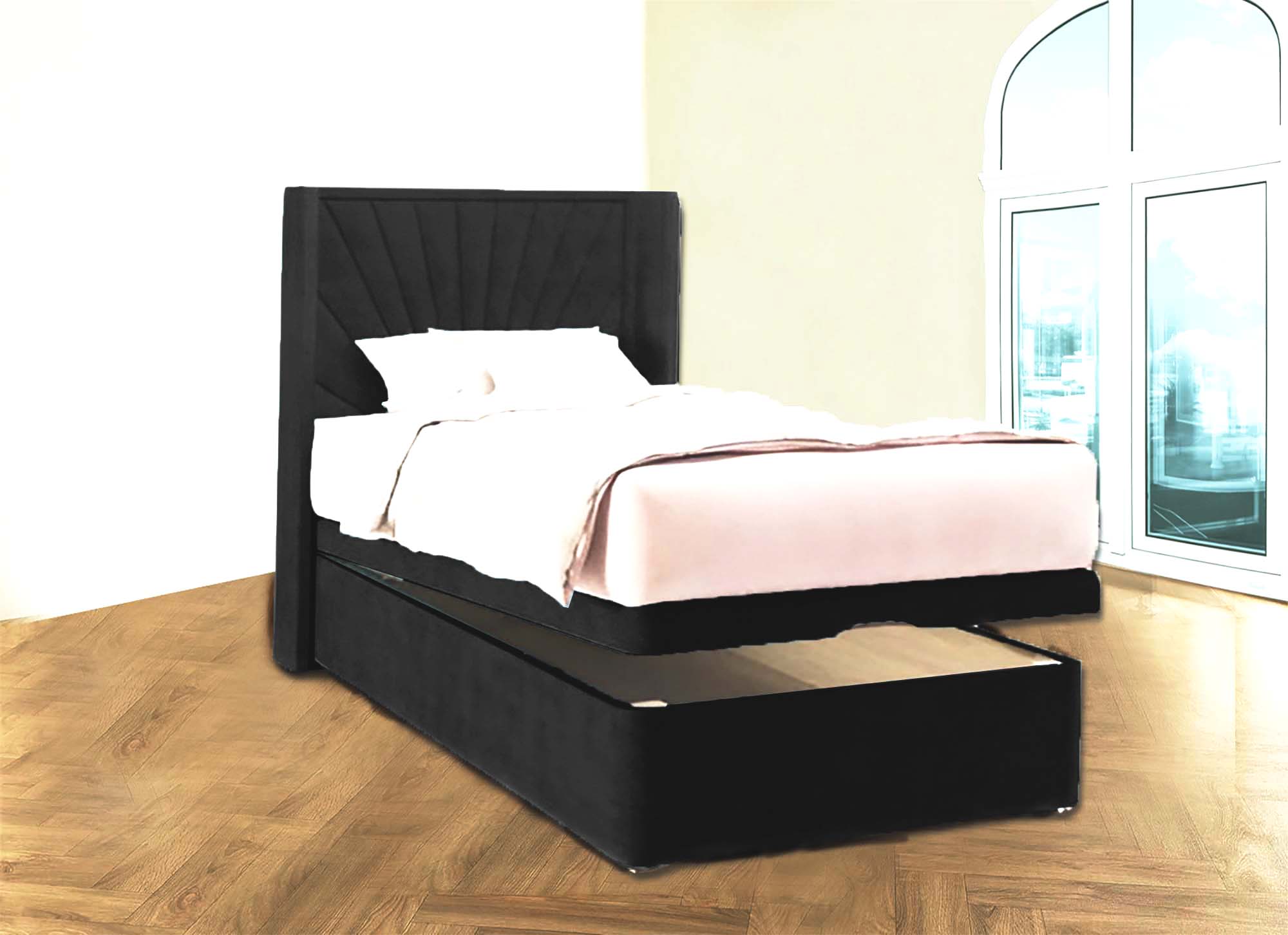 Upholstered Straight Wing Headboard with Kids Ottoman Storage Bed Base & Mattress