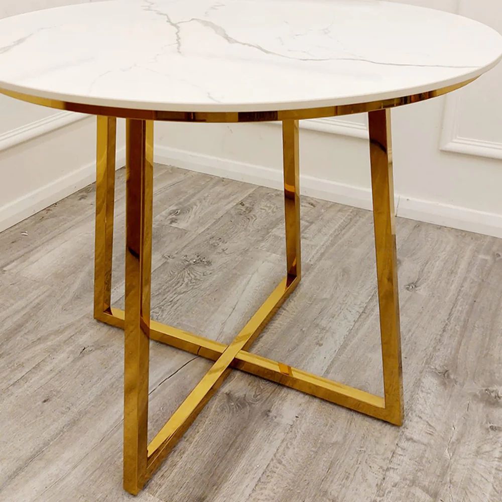 Lovemybedss Julia Gold Round White Stone Dining Table 90cm