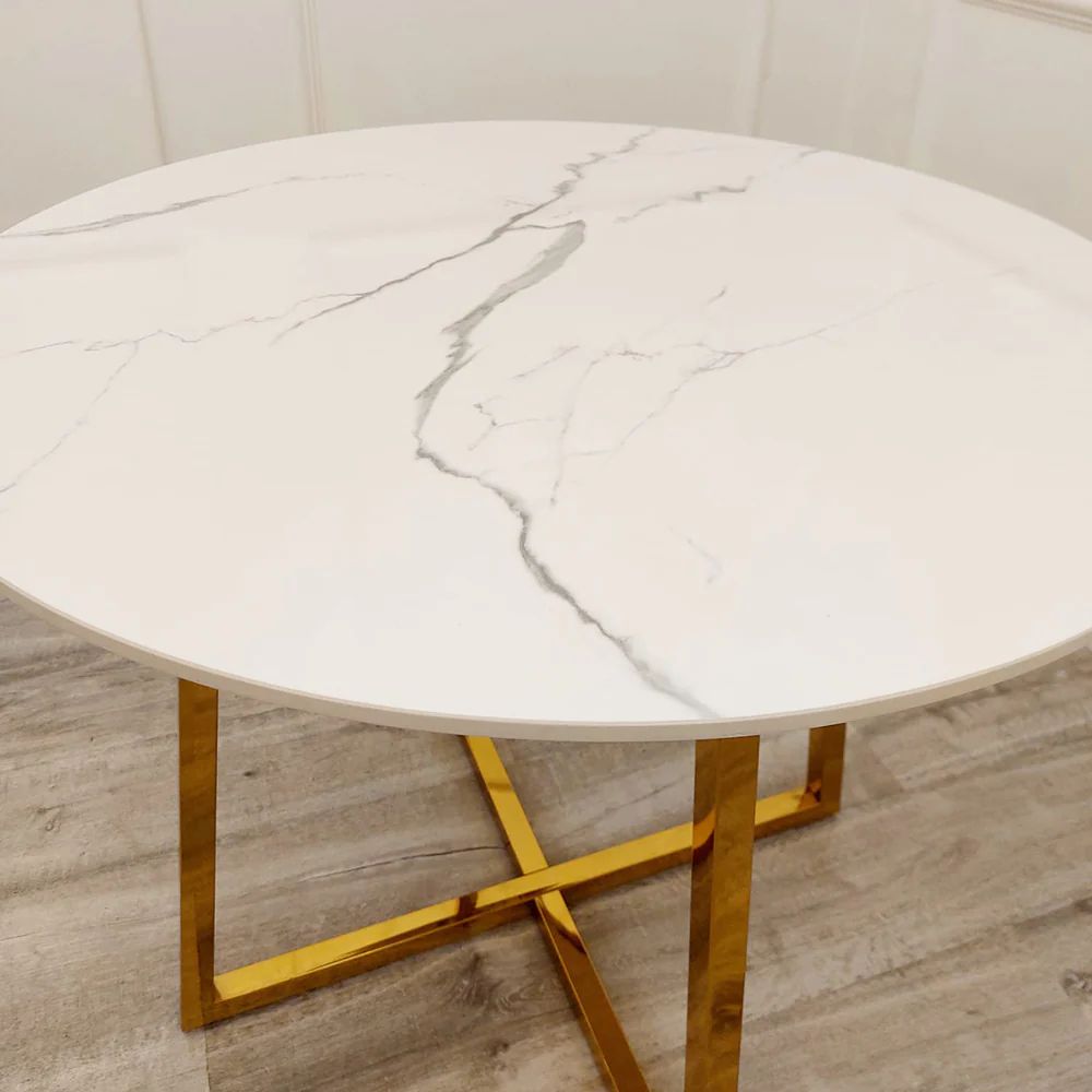 Lovemybedss Julia Gold Round White Stone Dining Table 90cm