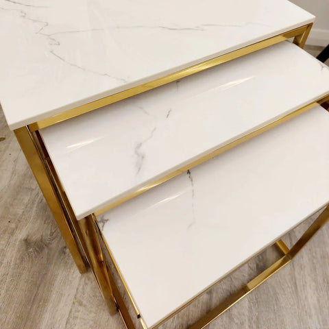 Stella Nest of 3 Square Coffee Tables with Polar White  Stone Top