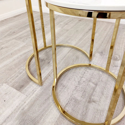 Milan Nest of 2 Tall Gold End Tables with Polar White Sintered Stone Tops