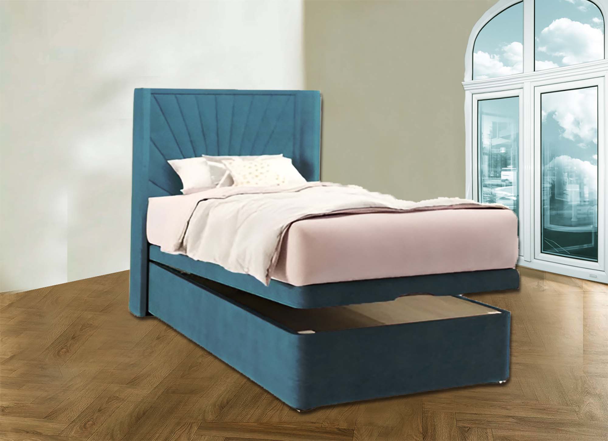 Upholstered Straight Wing Headboard with Kids Ottoman Storage Bed Base & Mattress